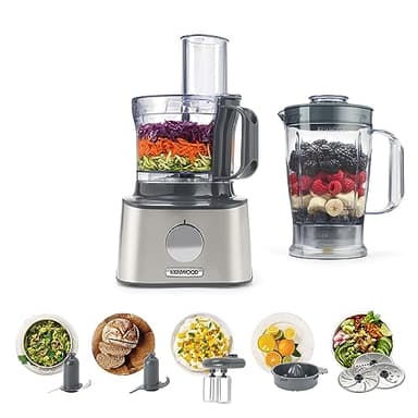 Kenwood MultiPro Compact FDM301 - Procesador de Alimentos y Blender con 8 Accesorios, Cuchillas de Acero Inoxidable, Potencia 800 W, Capacidad 2.1 litros, 2 Velocidades, Negro/Plata