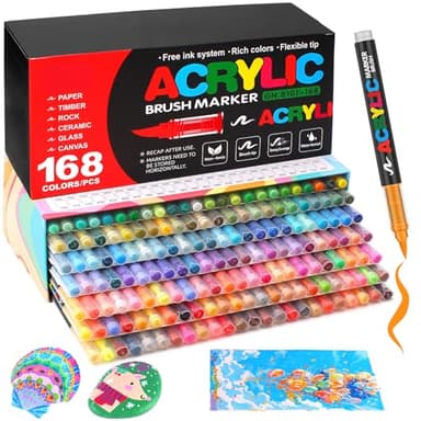 Efimeso 168 Colores Rotuladores Acrilicos, Marcadores Rotuladores Acrílicos Permanentes de Pincel Base Agua para Tela,Pintura en Piedras,Lienzo, Madera, Piedra, Cerámica, Vidrio