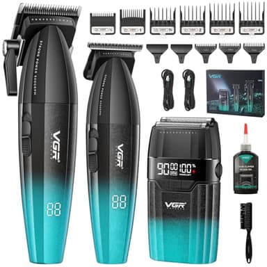 VGR 640 S3 Maquina de Cortar Pelo Hombre Profesional, 3 en 1 Inalámbrica Kit Barberia con Cortapelos Recortador de Precisión Afeitadora de Lámina, Pantalla LED, Carga USB, Cuchillas Cerámicas, Verde