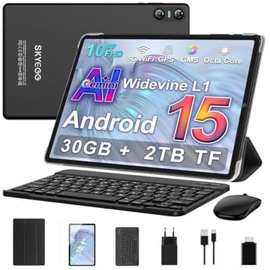 SKYEGG Tablet 10 Pulgadas Android 15 con Gemini AI, 30 GB RAM + Ampliable 2 TB ROM, Octa-Core, Widevine L1, WiFi 5G, BT 5.0, Cámara 8 MP + 5 MP, Batería 6000 mAh, con Teclado, Ratón y Funda – Negro