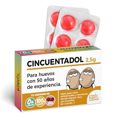 Regalo Divertido Caramelos | CINCUENTADOL | Blíster con 12 caramelos sin azúcar | Regalo divertido y sarcástico para hombres de 50 años | Cumple con huevos, humor y sabor cereza