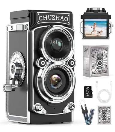 CHUZHAO Mini Cámara Retro Vintage 12MP 1080P FHD Cámara Digital TLR Autofocus Cámara de fotos con tarjeta de memoria de 16 GB Cámara compacta portátil para niños adolescentes estudiantes principiantes