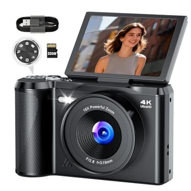 Camara de Fotos Digital 4K Profesional: 56MP Cámara Digital con Molette de Modo Pantalla Abatible 180° - Camaras Compacta con 32GB Tarjeta - 16X Zoom Camara para Principiantes Niña Niños Chico