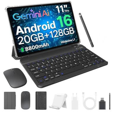Tablet 11 Pulgadas Android 16 con Teclado, Lápiz, Ratón y Funda - 20 GB RAM + 128 GB ROM - T7250 Octa-Core - Pantalla HD 1280 x 800 - 8800 mAh - Widevine L1 - Cámara 13MP+8MP - WiFi 2,4G/5G - GPS