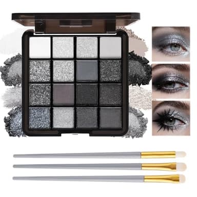 Prreal - Paleta de sombras de ojos ahumadas, 16 colores, color negro plateado mate con purpurina, muy pigmentado, con pinceles, maquillaje gótico de Halloween