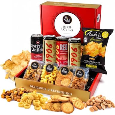 Valeli.Cesta Cervezas Estrella Galicia. Cesta gourmet regalo original con frutos secos y snacks. Regalo para él, ella, amigo, SAN VALENTÍN, cumpleaños, padre, enamorados (ESTRELLA GALICIA)