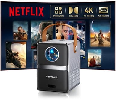 Mini Proyector Portatil 4K【Netflix Oficial/Dolby】 WiMiUS Proyector 1080P FHD con Auto Keystone/E-Enfoque, Apps Integrada WiFi & Bluetooth, Projector Portable 4k Cine en Casa para Movil/PC/HDMI ARC