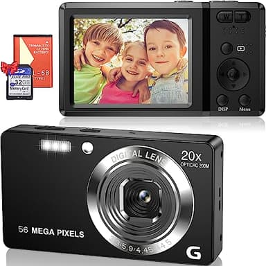 Cámara Digital Compacta 56MP 2160P HD Cámara de Fotos 20X Digital Zoom 2,7" LCD Cámara Portátil Compacta con Tarjeta 32GB, Recargable Cámara para Niños, Principiantes, Adulto