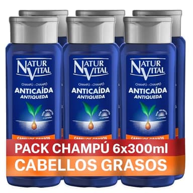 NaturVital -Pack 6 Champús Anticaída para Pelo Graso, Sin Parabenos ni Siliconas, Previene la Caída del Cabello, Natural Fortificante, para Hombre y Mujer, 6x300ml