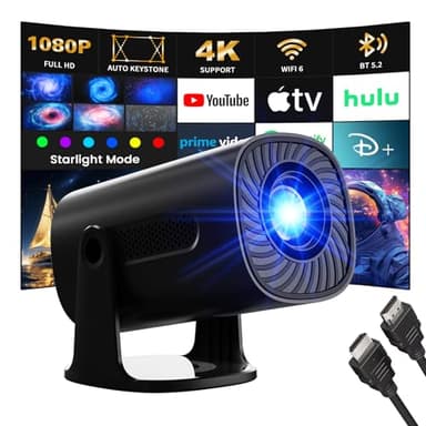 [App integrada & Modos Estrella] Mini Proyector Supporte 4K 1080P con Modos Estrella Apps y Android TV OS WiFi 6 BT 5.2 Auto Keystone, Compatible con TV Stick/Smartphone/HDMI/USB, Negro