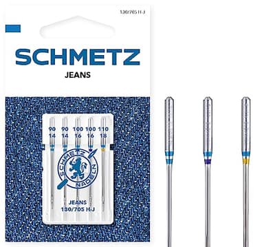 SCHMETZ | 5 Agujas para máquinas de coser | Jeans | 130/705 H-J | Grosor 90/14-110/18 | Adecuadas para trabajos de costura en pantalones vaqueros y similares