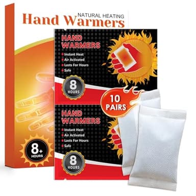 10 Pares Calentadores de Manos, 12h de Manos Calientes, Calor instantáneo Bolsillos, Activados por Aire, Ideales para Actividades al Aire Libre