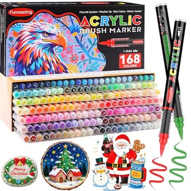 Funnasting 168 Color Rotuladores Acrilicos, Cabeza de Cepillo Suave Rotulador Acrilico, Marcadores Acrílicos de 1 a 6 mm para piedras, resistentes al agua, colorear, vidrio, tela