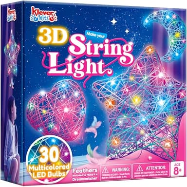Klever Kits Kit de arte con cuerdas en 3D para niños de 8, 9, 10, 11 y 12 años, manualidades, juego de manualidades con farolillos para niñas, juguete con luces de cadena, regalos de cumpleaños