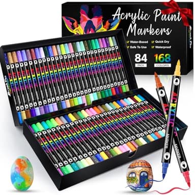 Dictien 84 Rotuladores (168 Colores) Rotuladores Acrilicos, Doble Punta,Rotuladore Permanentes de Colores,Cerámica, Vidrio, Madera, Tela, Lienzo y Metal. a Base de Agua, Secado Rápido
