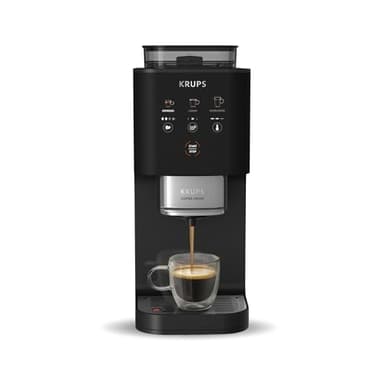 KRUPS Coffee Crush, Cafetera automática, Café en Grano y Molido, 15 Bares, 3 recetas de café, 3 niveles de temperatura y de molienda, Pantalla táctil, Compacta 15 cm de ancho, Negro, SA4028E0