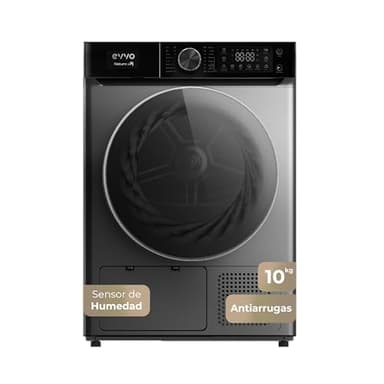 EVVO Secadora Bomba de Calor NATURE SR - Secadora Bomba Calor 10 kg, Eficiencia Energética E, Sensor de Humedad, Antiarrugas, 16 Programas, Inicio Diferido, Airfresh, Bajo Consumo Energético (Inox)