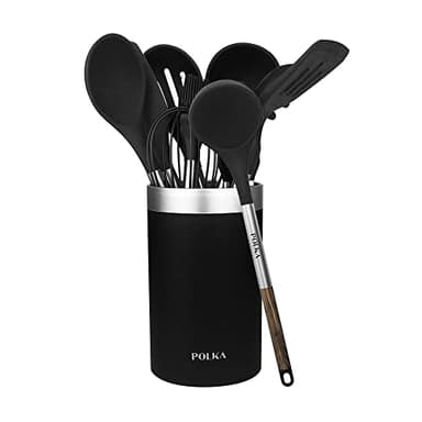 Cecotec Utensilios de Cocina de Silicona Polka Excellence Force. Set de 9 piezas Negro, Recubierto Soft touch y Mango efecto Madera. Materiales: Silicona, Nylon y PP, Incluye Holder Polka