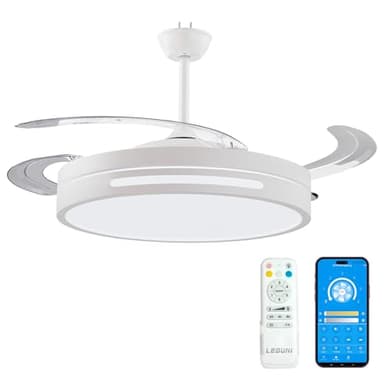 LEDUNI Ventilador con Luz LED con mando+APP 50CM, Motor DC +Luz LED, 66W, temporizador, 6 velocidades, aspas retráctiles, 3 temperaturas de luz, función verano-invierno Silencioso(Blanco perla)