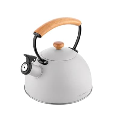 Tetera FLORINA (2,3 l) | Tetera de Acero Inoxidable NATURA| Tetera Flauta con Mango de Madera | Silbato Automático | Tetera para Estufa de Inducción, Estufa de Gas y Estufa Eléctrica | Color: Gris