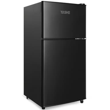 YASHE Mini Refrigerador de 86L con Congelador, Frigorífico de Doble Puerta con Termostato Ajustable de 7 Niveles, Ideal para Apartamentos, Dormitorios, Oficinas y Más, Color Negro