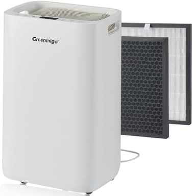 Greenmigo Deshumidificador 20L con Ionizador y Refrigerante R290,Purificador aire con filtro HEPA,Deshumidificación Continua y Silenciosa, Panel de Control Digital y Temporizador de 24h(ALPHA-Q20)