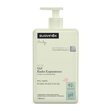 Suavinex, Gel - Baño Espumoso para Bebés, Champú para Piel y Cabello, Sin Jabón, Apto Pieles Sensibles y Recién Nacidos, No Pica en los Ojos, 92% Ingredientes Origen Natural, con Prebiótico, 750 ml