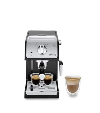 De'longhi - Cafetera de Bomba Tradicional para Espresso y Cappuccino, para Café Molido y Monodosis, 2 Tazas Simultáneamente, Depósito de Agua de 1.1l, 1100 W, ECP 33.21, Negro y Plata