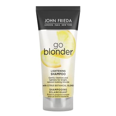 JOHN FRIEDA - Champú Go Blonder 75 ml, Champú Aclarante para Cabellos Rubios, Ilumina y Aclara de Forma Natural, con Cítiricos y Camomila, Todos Tonos de Cabello, Uso Diario