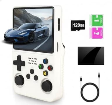 Consola de juegos retro R36S, pantalla IPS de 3,5", 128 GB, más de 20.000 juegos preinstalados, sistema de código abierto basado en Linux/ArkOS, doble joystick, batería 3500mAh, versión transparente