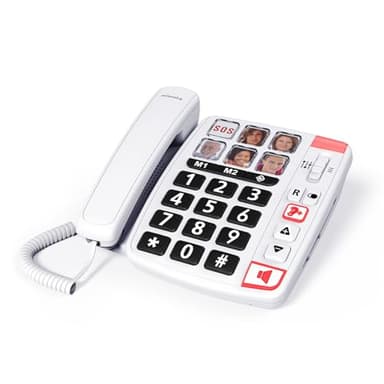SWISSVOICE - Xtra 1110 -Teléfono con Cable - Teclas Grandes - 6 Teclas de Memoria con Foto - Tonos de Llamada Extra Fuertes - Indicador Luminoso - Audio Boost - Compatible con audífonos - Blanco