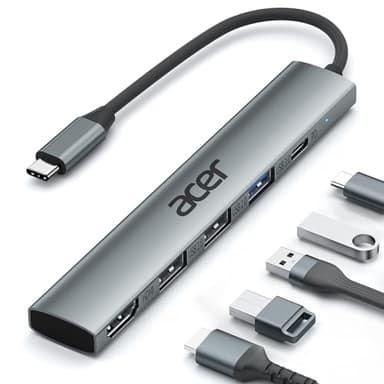 acer Hub USB C 5 en 1, Ataptador USB C a HDMI 4K, Carga PD 100W, 3X Puertos USB A, USB C Hub Multipuerto para Portátiles, PC, Tableta, MacBook Air/Pro, iPad Pro, iPhone 16 Serie