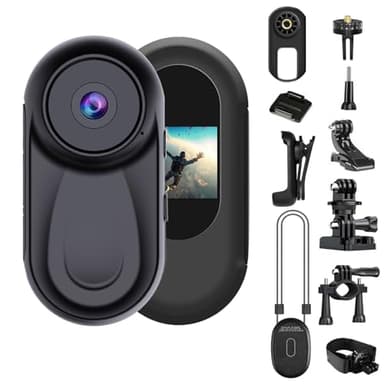 OBEST Mini Camara Accion Visión Nocturna 360 Cámara Deportiva Bodycam Casco Moto 1080P Cámaras Corporal con Pantalla 0,85", Camera Vlog POV Video para Actividades Diario, Acc multifunción Negro