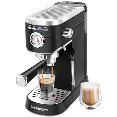 CASABREWS Cafetera Expresso y Capuccino, 20 Bares Café Expreso Manual con Manómetro, Barista Cafetera Cafe Molido, Depósito Extraíble de 1L, Portafiltros con Doble Salida y 2 Filtros, 1350W, Inox