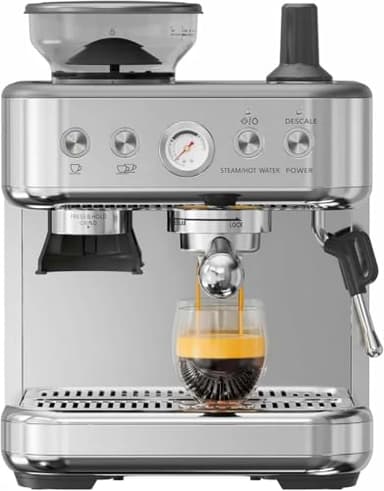 Cafetera Automatica con Molinillo Integrado, Espumador de Leche Manual, Cafetera de Bomba de Acero Inoxidable, Depósito de 2.5 Litros , Acero Inoxidable, Barista Profesional para Hogar y Oficina