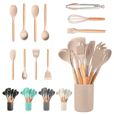 JUPPLIES Juego de Utensilios de Cocina de Silicona 12 Piezas con Mangos de Madera y Soporte Organizador – Set Antiadherente Resistente al Calor – Apto para Todas Las Ollas y Sartenes - Marrón