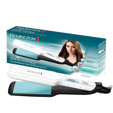 Remington Plancha de Pelo Shine Therapy, Aceite de Argán, Placas Flotantes Anchas, Resultados Profesionales, Cerámica Avanzada, Temperatura hasta 235°C, Digital, Blanco, 110 x 50 mm, S8550