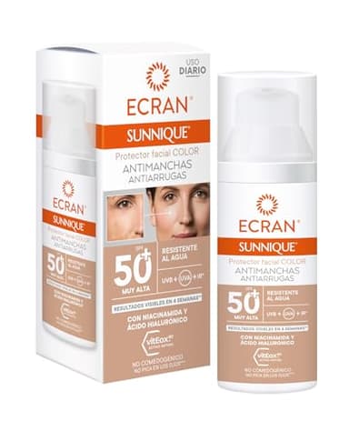 ECRAN SUNNIQUE – Protector Facial SPF 50+ Antimanchas Antiarrugas con Color, con Niacinamida y Ácido Hialuronico, Despigmenta y Unifica el Tono, Fórmula con VitEox80 - 50 ml