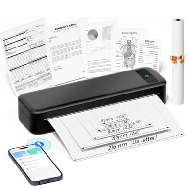 TATTMUSE Impresora Portatil a4, Bluetooth Impresoras Termica para Papel Térmica Casa Mini Movil Portatil Sin Tinta Wireless Portátiles Printer, Negro
