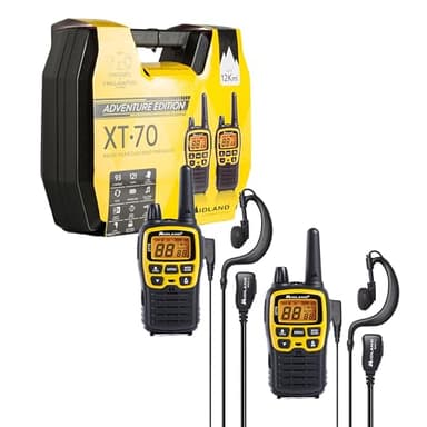 Midland - Walkie Talkie Profesional Largo Alcance XT70 Adventure, 2 Radioaficionados Dual Band, 93 Canales, 24 PMR446/69 LPD, Cobertura 12Km, Autonomía 18H, Carga Rápida, Pilas Recargables, Amarillo