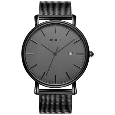BUREI Reloj de Pulsera clásico para Hombres Estuche Ultra Fino Minimalista Dial analógico con Fecha Movimiento de Cuarzo japonés (Todo Negro, Acero Inoxidable)