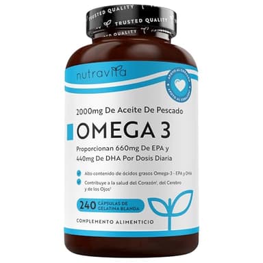 Nutravita Omega 3 2000mg, con 660mg EPA y 440mg DHA, 240 Cápsulas Blandas para 4 Meses - Corazòn, Función Cerebral y Visiòn (EFSA) Omega 3 Capsulas Suplementos para Hombres y Mujeres