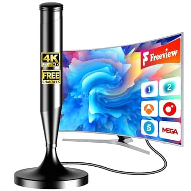 Antena de TV Interior 2026, Antena Digital Smart TV Base Magnética Fuerte, Alcance 480Km, Compatible con 4K 1080P Full HD, Cable Coaxial 5m, Recepción Freeview y Canales Locales DTT