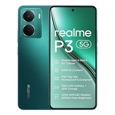 realme P3 5G Smartphone,8+256GB, Batería de 5260 mAh,Carga de 45W,Chipset Snapdragon 6 Gen 4, Cámara AI de 50MP, Pantalla Pro-Esports de 2000 nits120Hz,IP69, Verde (Sin Adaptador)