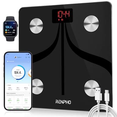 RENPHO Bascula de Baño con App, Recargable Báscula de Grasa Corporal, Bascula Inteligente con Bluetooth, Digital Bascula Bioimpedancia Monitor de Composición Corporal para Peso Muscular, 28 x 28 cm