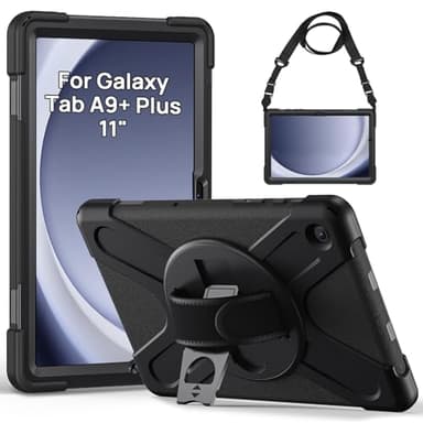 Gerutek Funda Anticaída para Samsung Galaxy Tab A9 Plus 11" 2023, (SM-X210/X216/X218), Carcasa Rugosa con Soporte Giratorio, Correa de Mano/Hombro, Portalápiz, Funda para Samsung Tab A9+ Plus, Negro