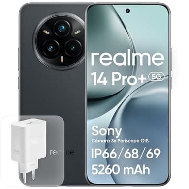 realme 14 Pro+ Android Smartphone, 8+ 256 GB, Sony IMX896 OIS-Kamera, Qualcomm Snapdragon 7s Gen 3 5G, IP69, 6,83" 120-Hz-Display, 5260-mAh-Akku, Grau (Mit Adapter)