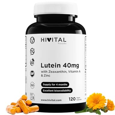 Luteina 40 mg. 120 cápsulas veganas para 4 meses de tratamiento. Extracto Natural de Flor de Caléndula con 40 mg de Luteina pura, 8 mg de Zeaxantina, Vitamina A y Zinc. Fabricado en España por HIVITAL