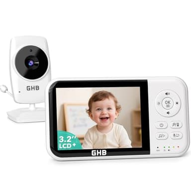 GHB Camara Vigilancia Bebe Vigilabebes con Camara con Pantalla 3.2" HD de 2100mAh Recargable VOX, Visión Nocturna, Despertador, Conversación Bidireccional Escucha Bebes