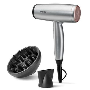 BaByliss Cosmos Secador de Pelo Ligero con Difusor – NUEVO 2025, Secador potente y elegante de 2100W, Acondicionamiento iónico sin frizz, 3 niveles de calor y 2 velocidades, Plateado, D580DE